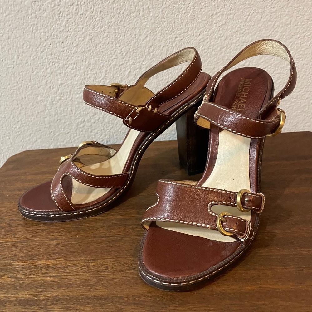 Michael Kors Brown Leather High Heel Buckle Sandals